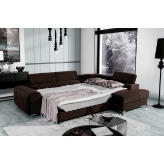 Canapé d'angle convertible - LARRY VELOURS Luxe marron, 5 places, angle droit (vu de face)