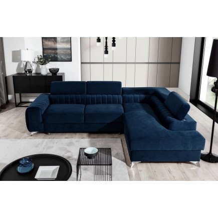 Canapé d'angle convertible - LARRY VELOURS Luxe bleu, 5 places, angle droit (vu de face)