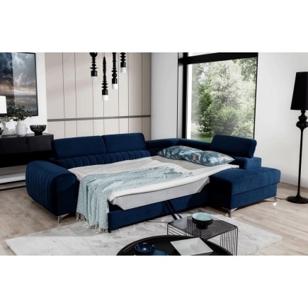 Canapé d'angle convertible - LARRY VELOURS Luxe bleu, 5 places, angle droit (vu de face)