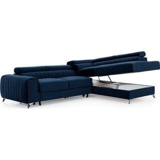 Canapé d'angle convertible - LARRY VELOURS Luxe bleu, 5 places, angle droit (vu de face)