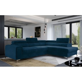 Canapé d'angle convertible - LARRY VELOURS Luxe bleu, 5 places, angle droit (vu de face)