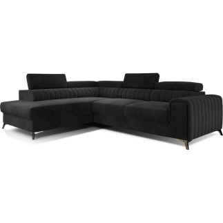 Canapé d'angle convertible - LARRY VELOURS velours Luxe noir, 5 places, angle gauche (vu de face)