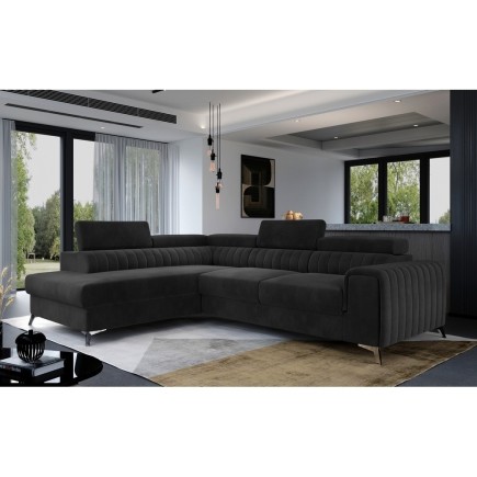 Canapé d'angle convertible - LARRY VELOURS velours Luxe noir, 5 places, angle gauche (vu de face)