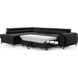 Canapé d'angle convertible - LARRY VELOURS velours Luxe noir, 5 places, angle gauche (vu de face)