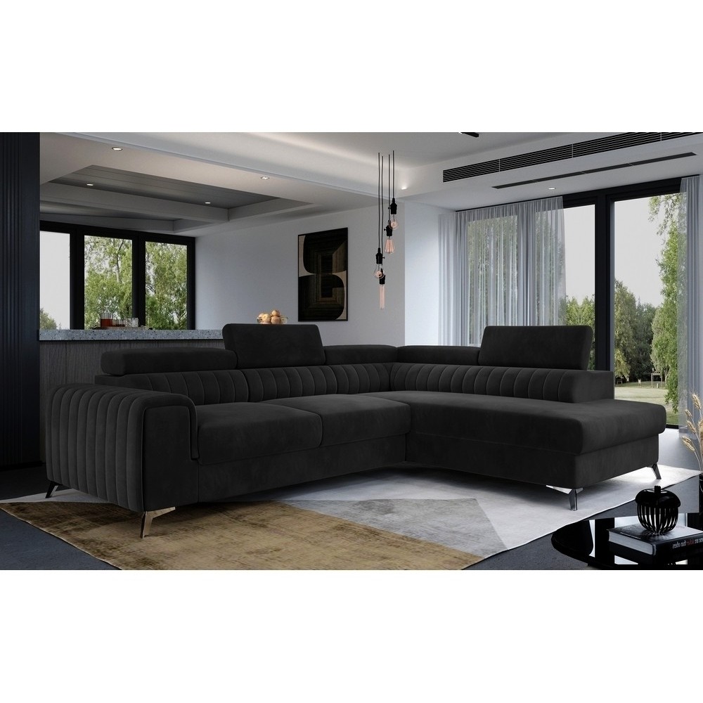 Canapé d'angle convertible - LARRY VELOURS Luxe, 5 places, noir , angle droit (vu de face)