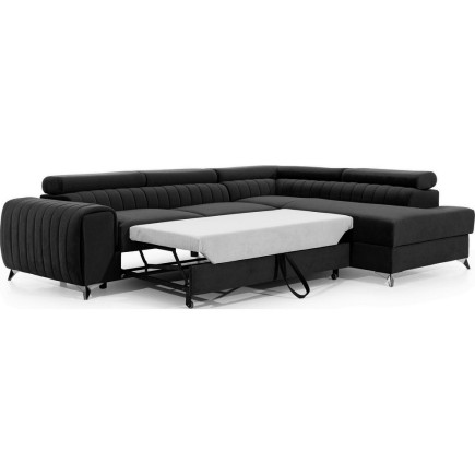 Canapé d'angle convertible - LARRY VELOURS Luxe, 5 places, noir , angle droit (vu de face)