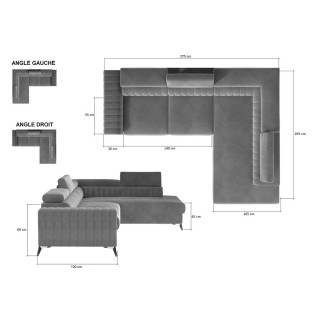 Canapé d'angle convertible - LARRY VELOURS Luxe, 5 places, noir , angle droit (vu de face)