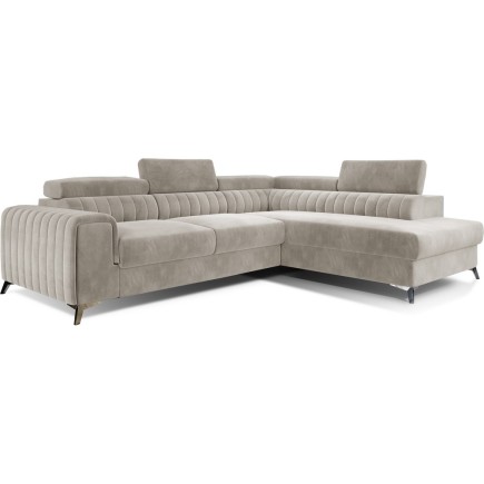 Canapé d'angle convertible - LARRY VELOURS - en velours Luxe, 5 places, beige, angle droit (vu de face)
