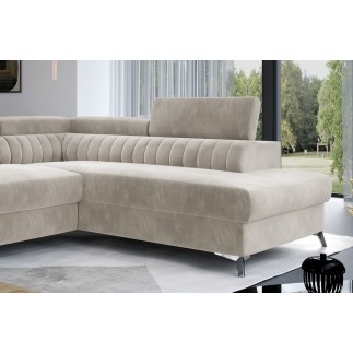 Canapé d'angle convertible - LARRY VELOURS - en velours Luxe, 5 places, beige, angle droit (vu de face)