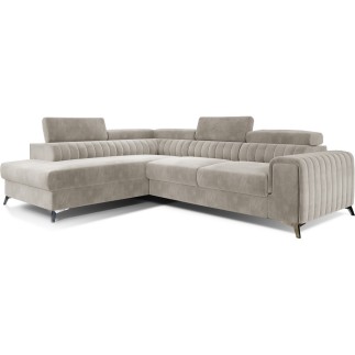 - Canapé d'angle convertible - LARRY VELOURS - en velours Luxe, 5 places, beige, angle gauche (vu de face)