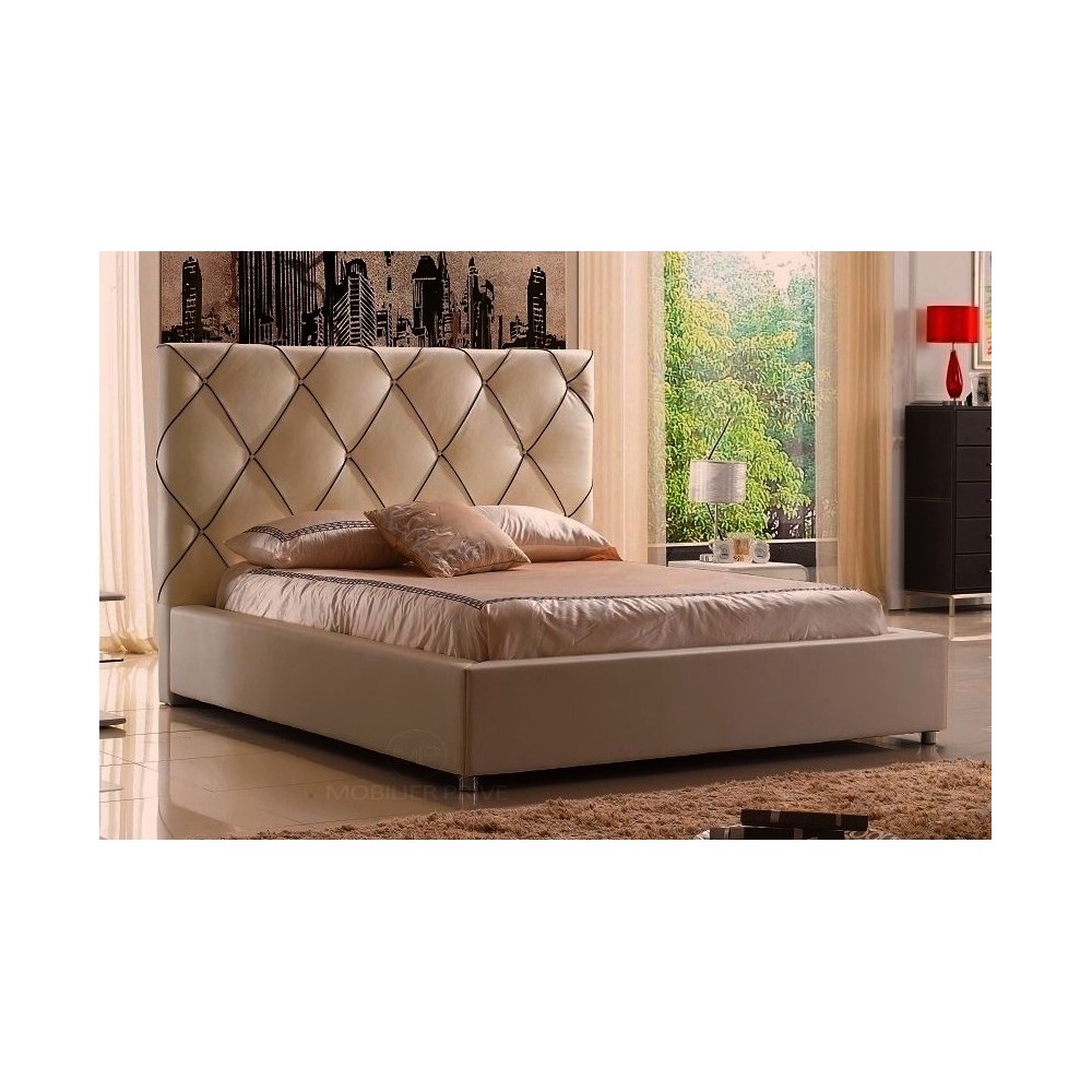 Lit en cuir italien de luxe ENJOY, beige liseret chocolat, 160x200