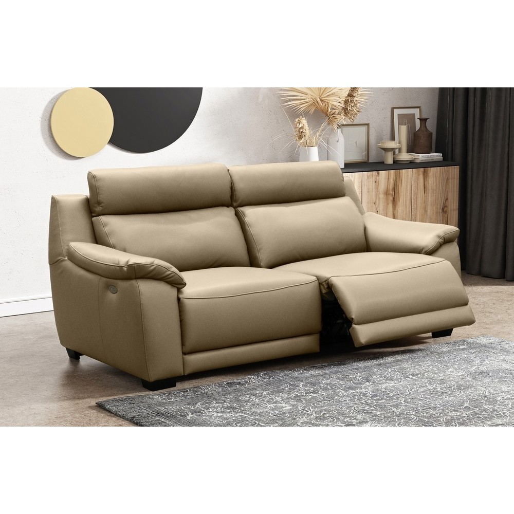 Canapé 3 places avec 2 relax en 100% tout cuir épais luxe italien - 2 relax électriques, beige. BERN