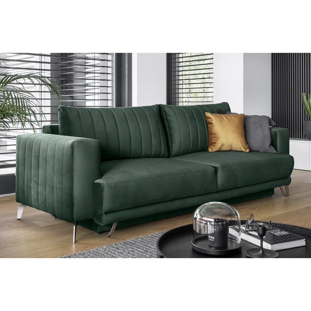 Canapé 3/4 places convertible et espace de rangement - vert foncé - en tissu de qualité luxe, ELSA