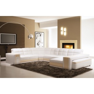 Canapé d'angle en cuir italien 7/8 places EVASION, blanc / beige.