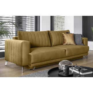 Canapé 3/4 places convertible et espace de rangement - moutarde - en tissu de qualité luxe, ELSA