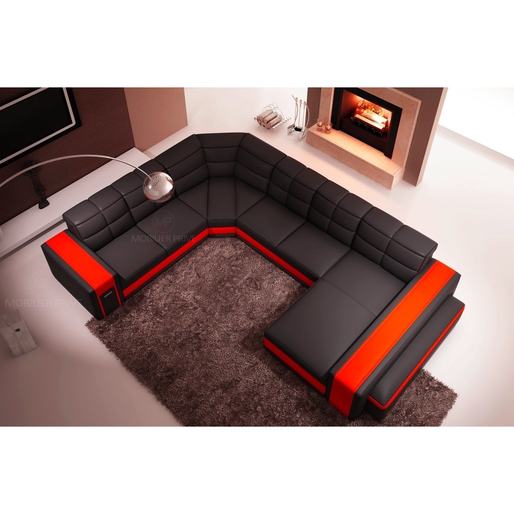 Canapé d'angle en cuir italien 7/8 places EVASION, noir / rouge, angle gauche