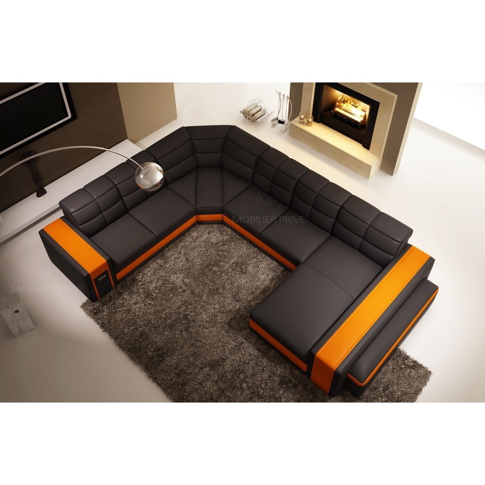 Canapé d'angle en cuir italien 7/8 places EVASION, noir / orange, angle gauche