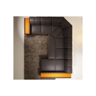 Canapé d'angle en cuir italien 7/8 places EVASION, noir / orange.