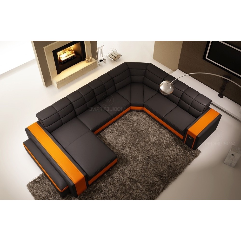 Canapé d'angle en cuir italien 7/8 places EVASION, noir / orange, angle droit