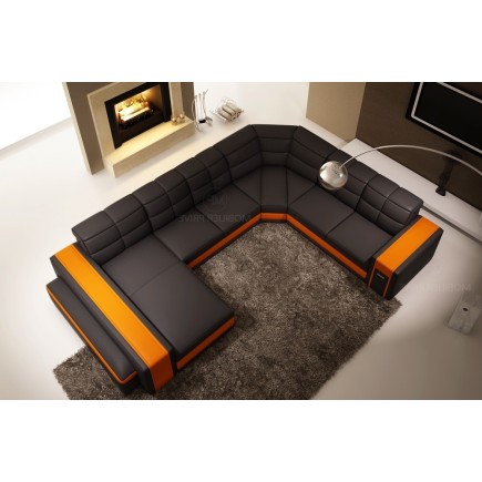 Canapé d'angle en cuir italien 7/8 places EVASION, noir / orange.