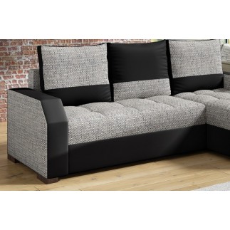 Canapé d'angle convertible, ARTE, en tissu et simili de qualité, gris et noir, 3/4 places, angle droit (vu de face)