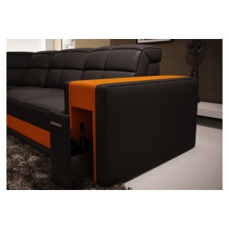 Canapé d'angle en cuir italien 7/8 places EVASION, noir / orange, angle droit