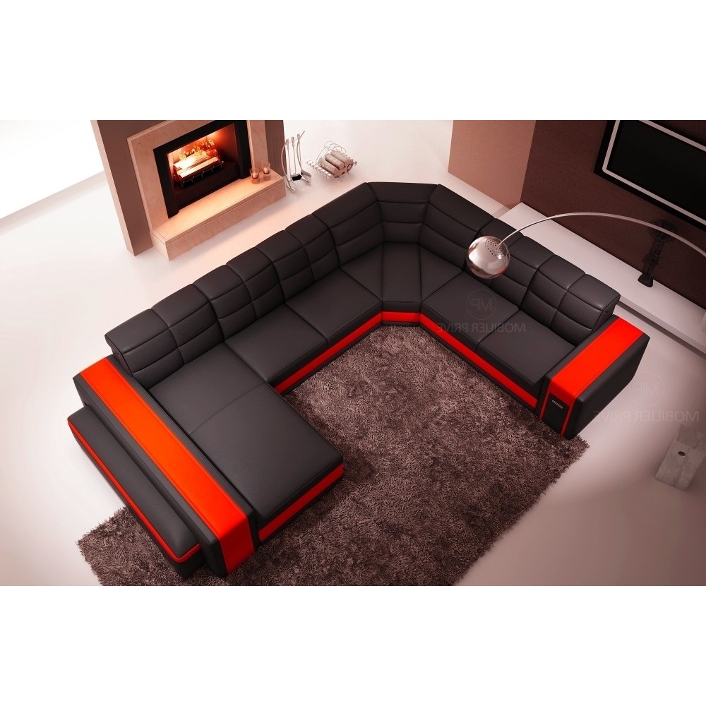 Canapé d'angle en cuir italien 7/8 places EVASION, noir / rouge, angle droit