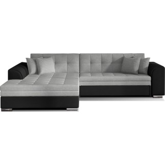 Canapé d'angle convertible en tissu gris et simili noir de qualité, 5 places, angle gauche (vu de face) - SOHO