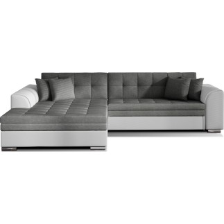 Canapé d'angle convertible en tissu gris foncé et simili blanc de qualité, 5 places, angle gauche (vu de face) - SOHO