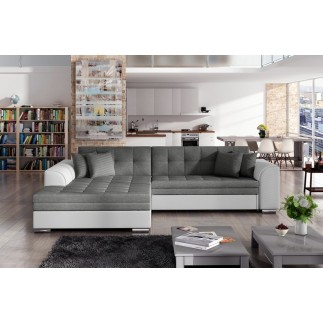Canapé d'angle convertible en tissu gris foncé et simili blanc de qualité, 5 places, angle gauche (vu de face) - SOHO