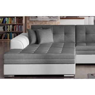 Canapé d'angle convertible en tissu gris foncé et simili blanc de qualité, 5 places, angle gauche (vu de face) - SOHO