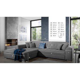 Canapé d'angle convertible en tissu gris foncé et simili blanc de qualité, 5 places, angle gauche (vu de face) - SOHO