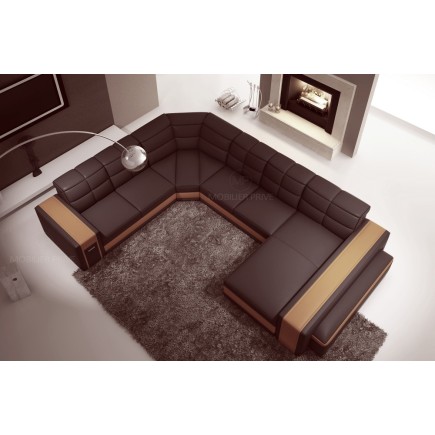 Canapé d'angle en cuir italien 7/8 places EVASION, chocolat / beige, angle gauche