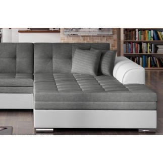 Canapé d'angle convertible, SOHO, en tissu gris foncé et simili blanc de qualité, 5 places, angle droit (vu de face)