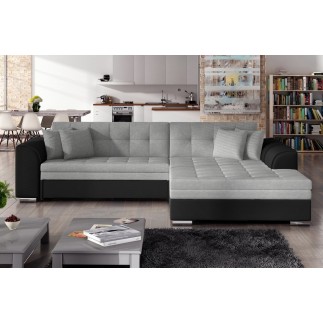 Canapé d'angle convertible en tissu gris et simili noir de qualité, 5 places, angle droit (vu de face) - SOHO