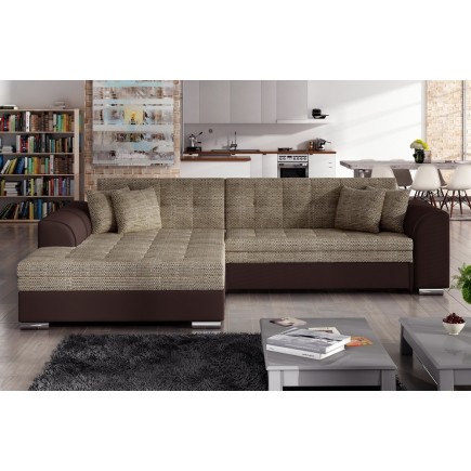 Canapé d'angle convertible en tissu beige et simili chocolat de qualité, 5 places, angle gauche (vu de face), SOHO