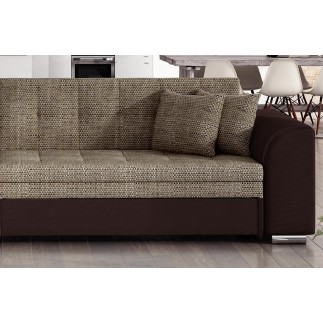 Canapé d'angle convertible en tissu beige et simili chocolat de qualité, 5 places, angle gauche (vu de face), SOHO