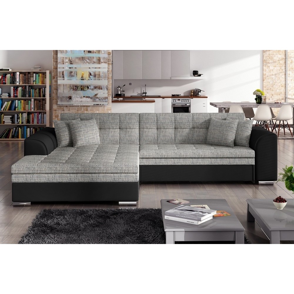 Canapé d'angle convertible en tissu gris foncé et simili noir de qualité, 5 places, angle gauche (vu de face) - SOHO