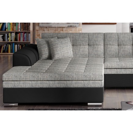 Canapé d'angle convertible en tissu gris foncé et simili noir de qualité, 5 places, angle gauche (vu de face) - SOHO