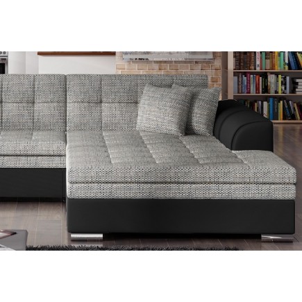 Canapé d'angle convertible en tissu gris foncé et simili noir de qualité, 5 places, angle droit (vu de face) - SOHO