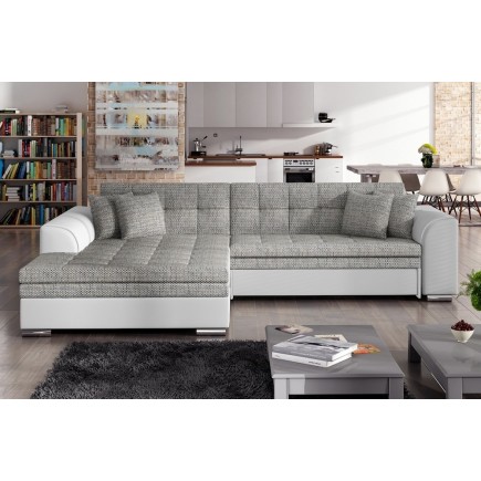 - Canapé d'angle convertible en tissu gris et simili blanc de qualité, 5 places, angle gauche (vu de face), SOHO