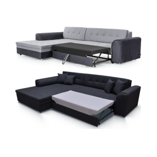 - Canapé d'angle convertible en tissu gris et simili blanc de qualité, 5 places, angle gauche (vu de face), SOHO