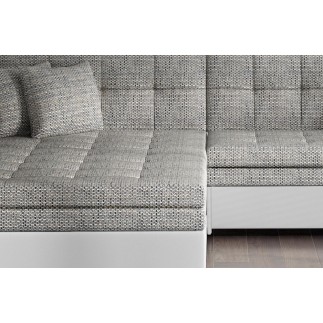 - Canapé d'angle convertible en tissu gris et simili blanc de qualité, 5 places, angle gauche (vu de face), SOHO