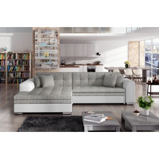 - Canapé d'angle convertible en tissu gris et simili blanc de qualité, 5 places, angle gauche (vu de face), SOHO