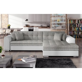 Canapé d'angle convertible en tissu gris et simili blanc de qualité, 5 places, angle droit (vu de face) - SOHO