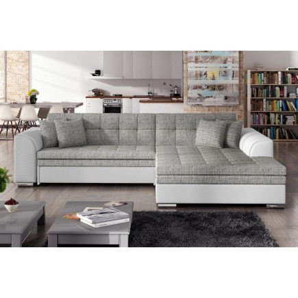 Canapé d'angle convertible en tissu gris et simili blanc de qualité, 5 places, angle droit (vu de face) - SOHO