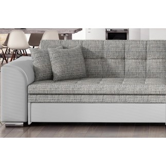 Canapé d'angle convertible en tissu gris et simili blanc de qualité, 5 places, angle droit (vu de face) - SOHO