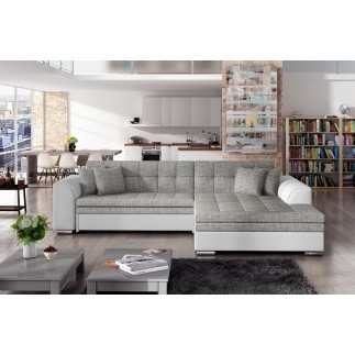 Canapé d'angle convertible en tissu gris et simili blanc de qualité, 5 places, angle droit (vu de face) - SOHO
