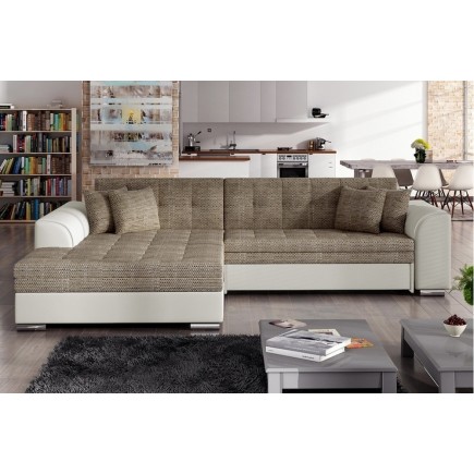 Canapé d'angle convertible en tissu beige et simili écru de qualité, 5 places, angle gauche (vu de face), SOHO