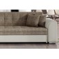 Canapé d'angle convertible en tissu beige et simili écru de qualité, 5 places, angle gauche (vu de face), SOHO
